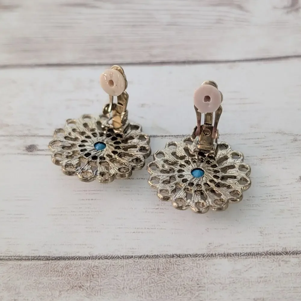 Vintage Clip On Earrings Ornate Gold Tone with Turquoise Tone Center Large